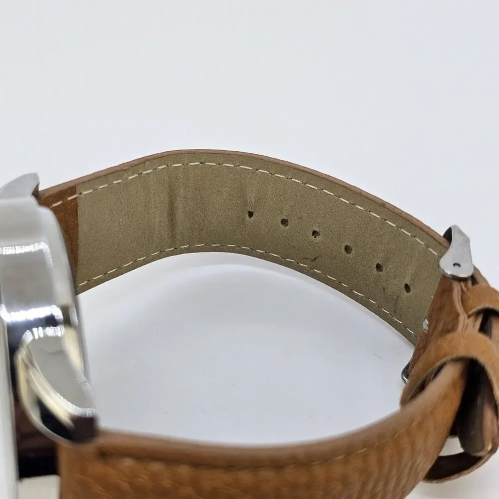 Men's Watch 47MM‎ Blue Dial Brown Faux Leather Bands New Battery